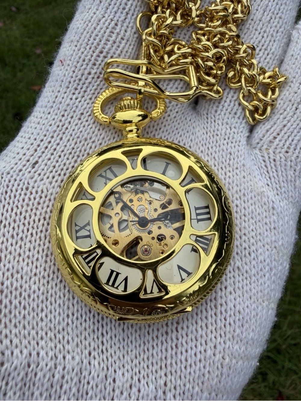 Men's Gold-Tone Vintage Mechanical Pocket Watch - Skeleton Dial, Steampunk Style